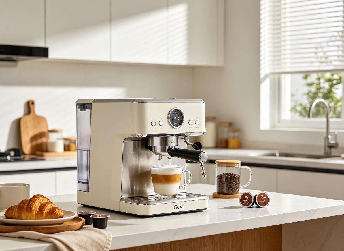 Gevi fully automatic espresso machine with auto milk frother in ivory silver finish on modern kitchen counter