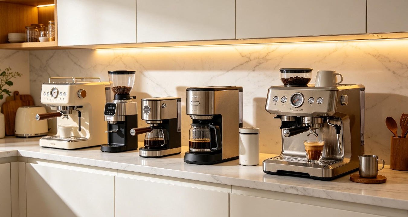 Person choosing between coffee machines in a modern kitchen
