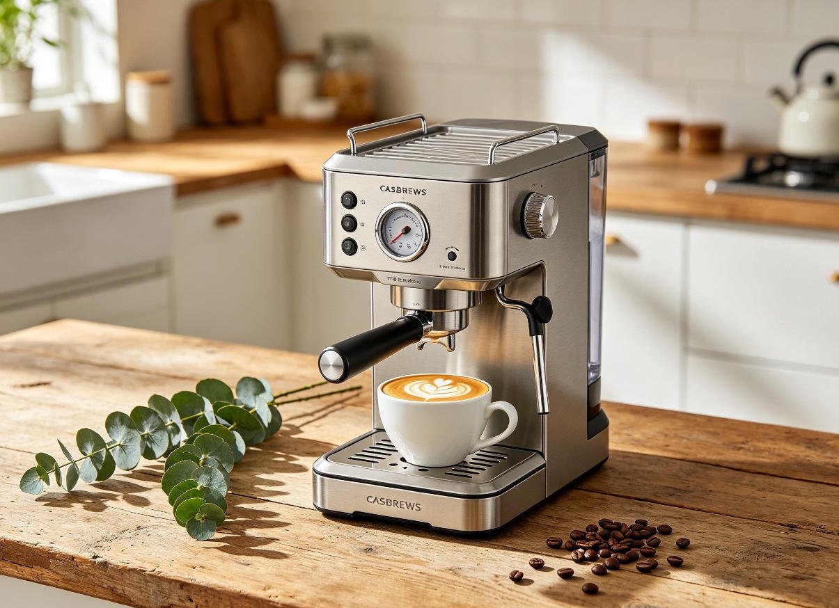 CASABREWS 3700 Essential stainless steel espresso machine on wooden counter with cappuccino