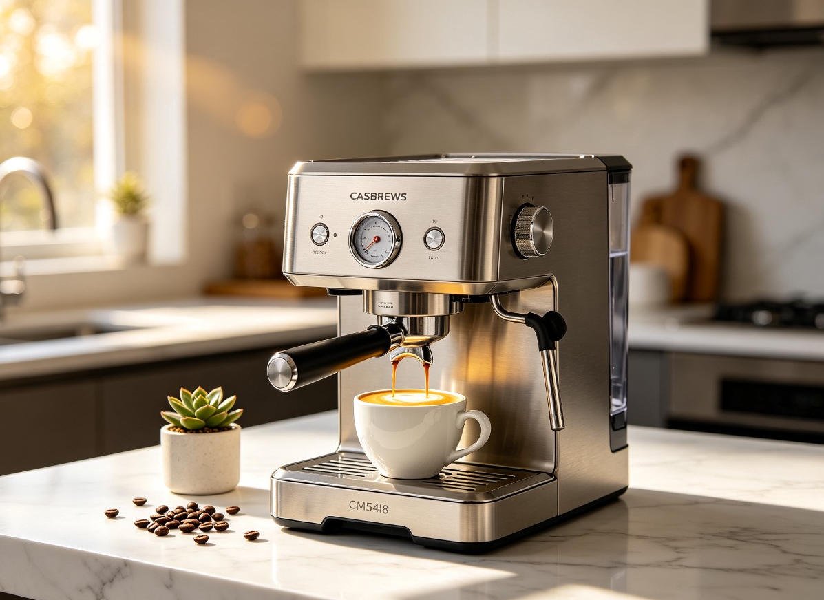 CASABREWS CM5418 stainless steel espresso machine on marble countertop with fresh espresso