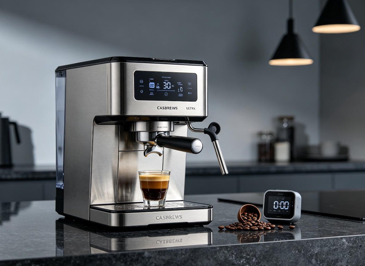 CASABREWS ULTRA espresso machine with LCD display on dark granite countertop