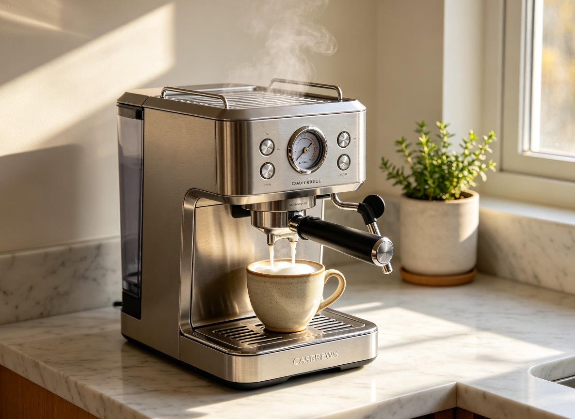 CASABREWS CM5418 silver stainless steel compact espresso machine steam frothing milk on marble countertop