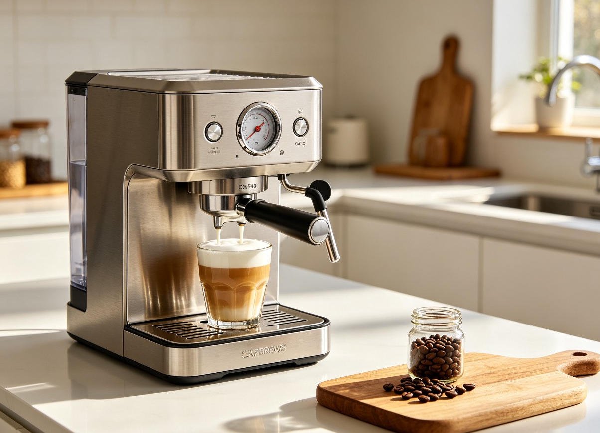 CASABREWS CM5418 stainless steel espresso machine brewing latte on kitchen counter