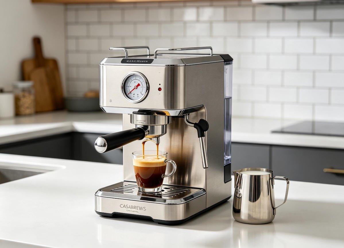 CASABREWS CM5418 silver compact espresso machine with pressure gauge on white kitchen countertop