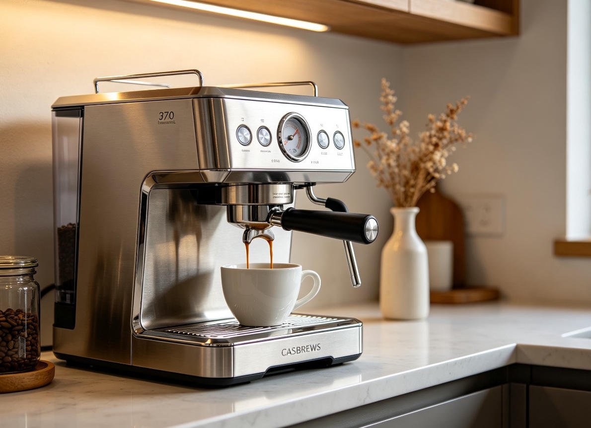 CASABREWS 3700 Essential silver espresso machine brewing espresso into white cup