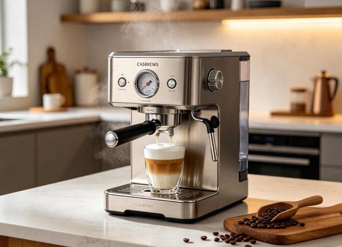 CASABREWS CM5418 stainless steel espresso machine brewing latte on kitchen counter