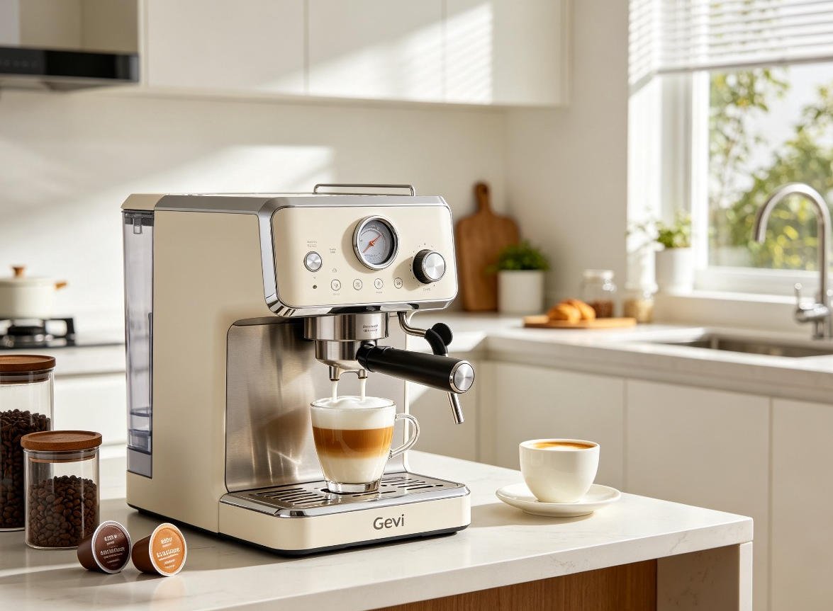 Gevi fully automatic espresso machine with auto milk frother in ivory silver finish on modern kitchen counter