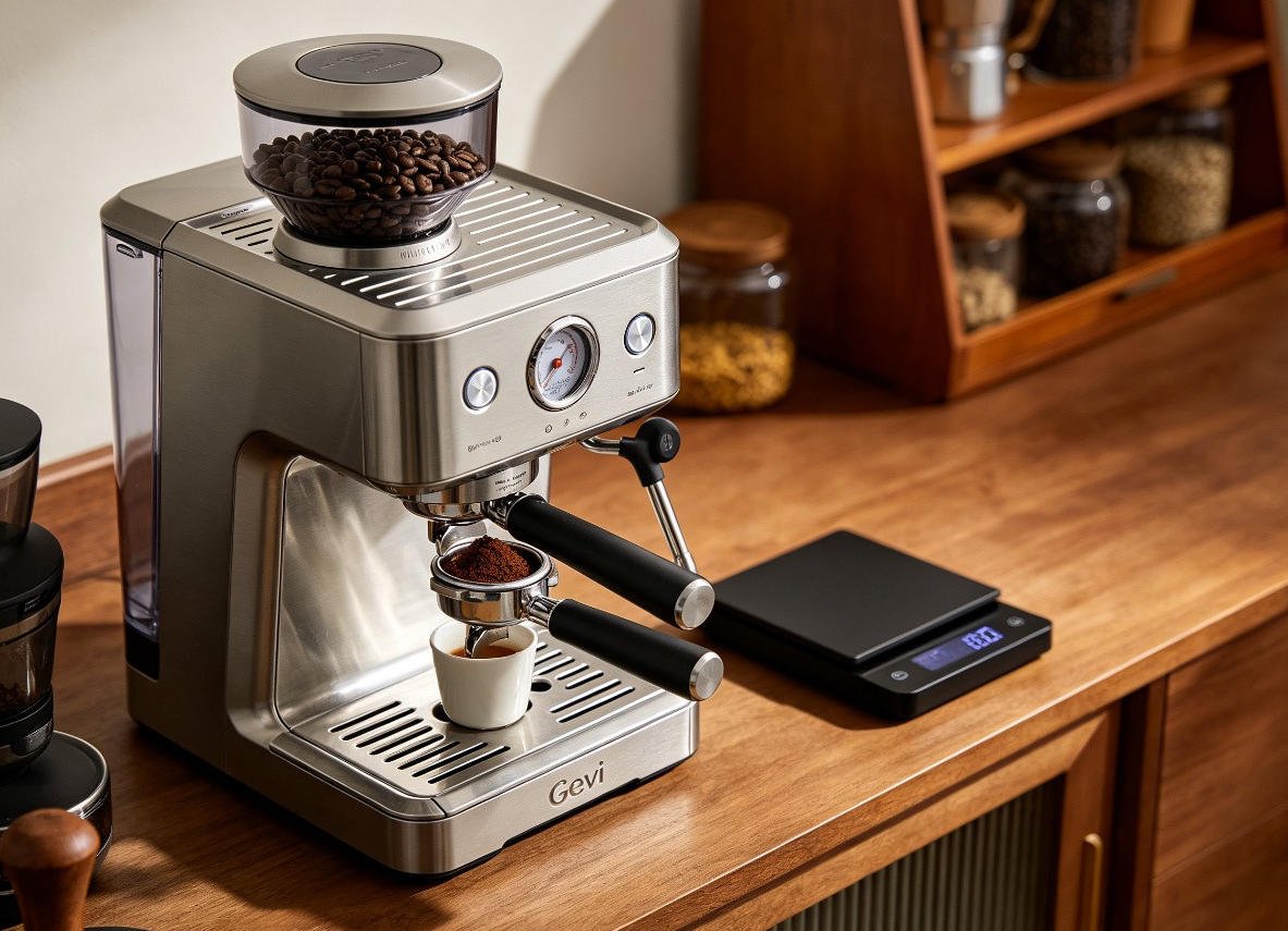 Gevi professional espresso machine with built-in conical burr grinder on wooden home barista counter