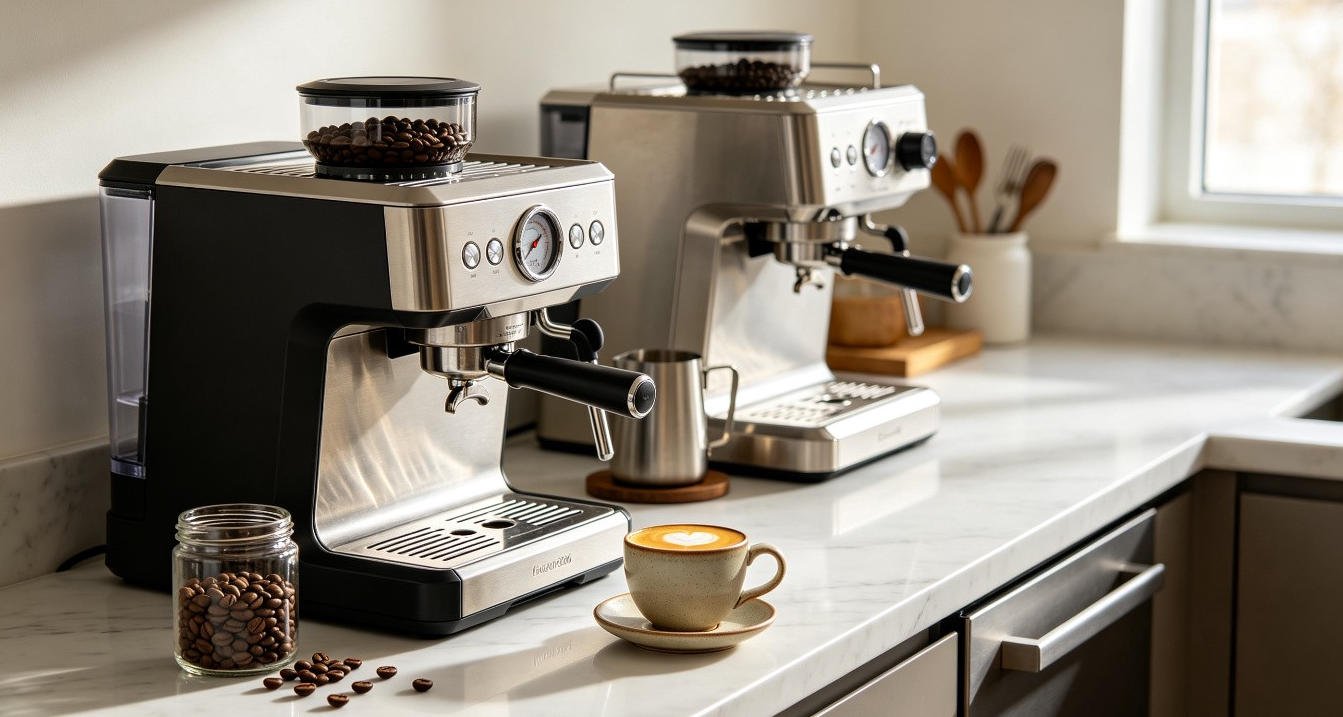 Best espresso machines of 2026 arranged on a marble countertop with coffee beans and fresh espresso