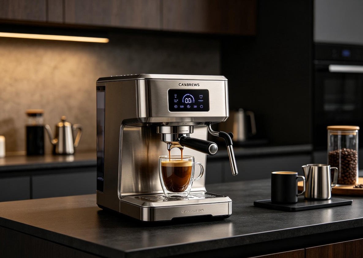 CASABREWS ULTRA premium espresso machine with LCD display brewing into double-wall glass cup