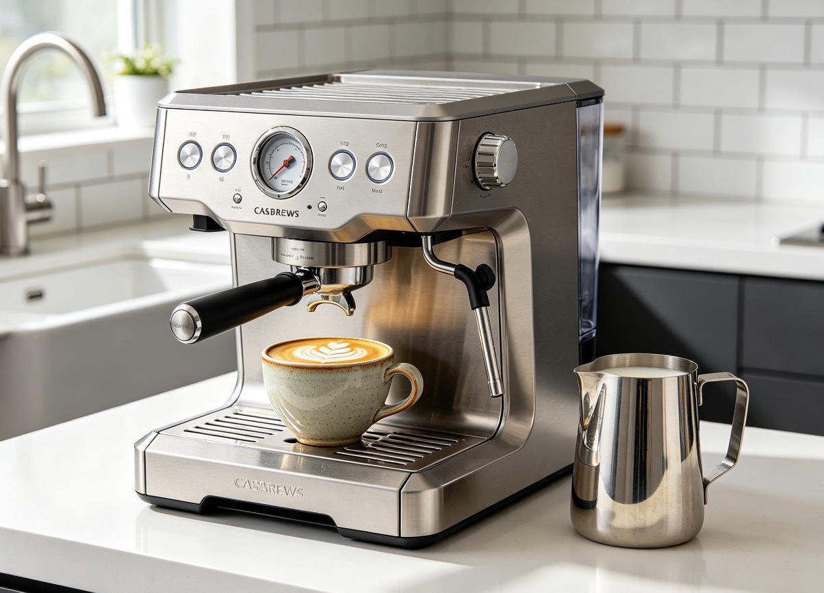 CASABREWS 3700 Essential silver stainless steel espresso machine with cappuccino on white kitchen countertop