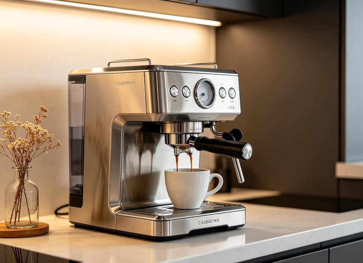 CASABREWS 3700 Essential silver espresso machine brewing espresso into white cup