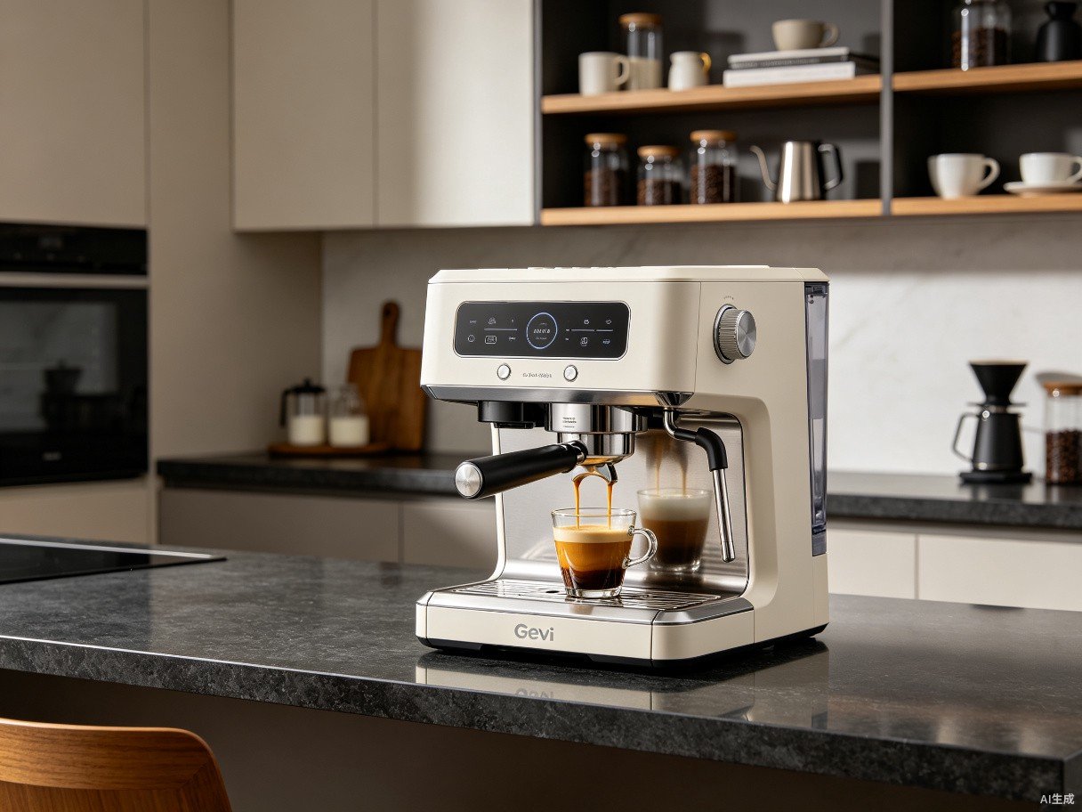 Gevi ECMA0-SS0A1 fully automatic espresso machine brewing double shot on dark granite countertop