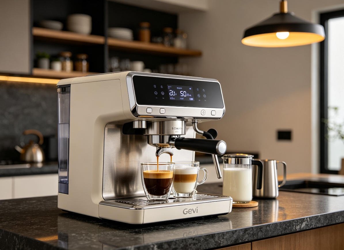 Gevi ECMA0-SS0A1 fully automatic espresso machine with digital display brewing espresso on dark granite countertop