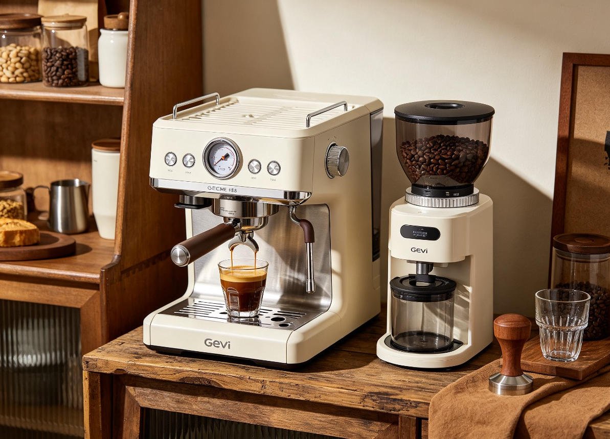 Gevi espresso machine and separate burr grinder combo set on rustic wooden coffee station