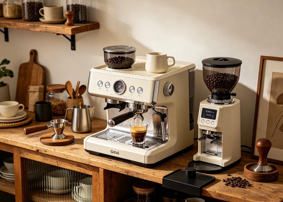 Gevi espresso machine and separate burr grinder combo set on rustic wooden coffee station