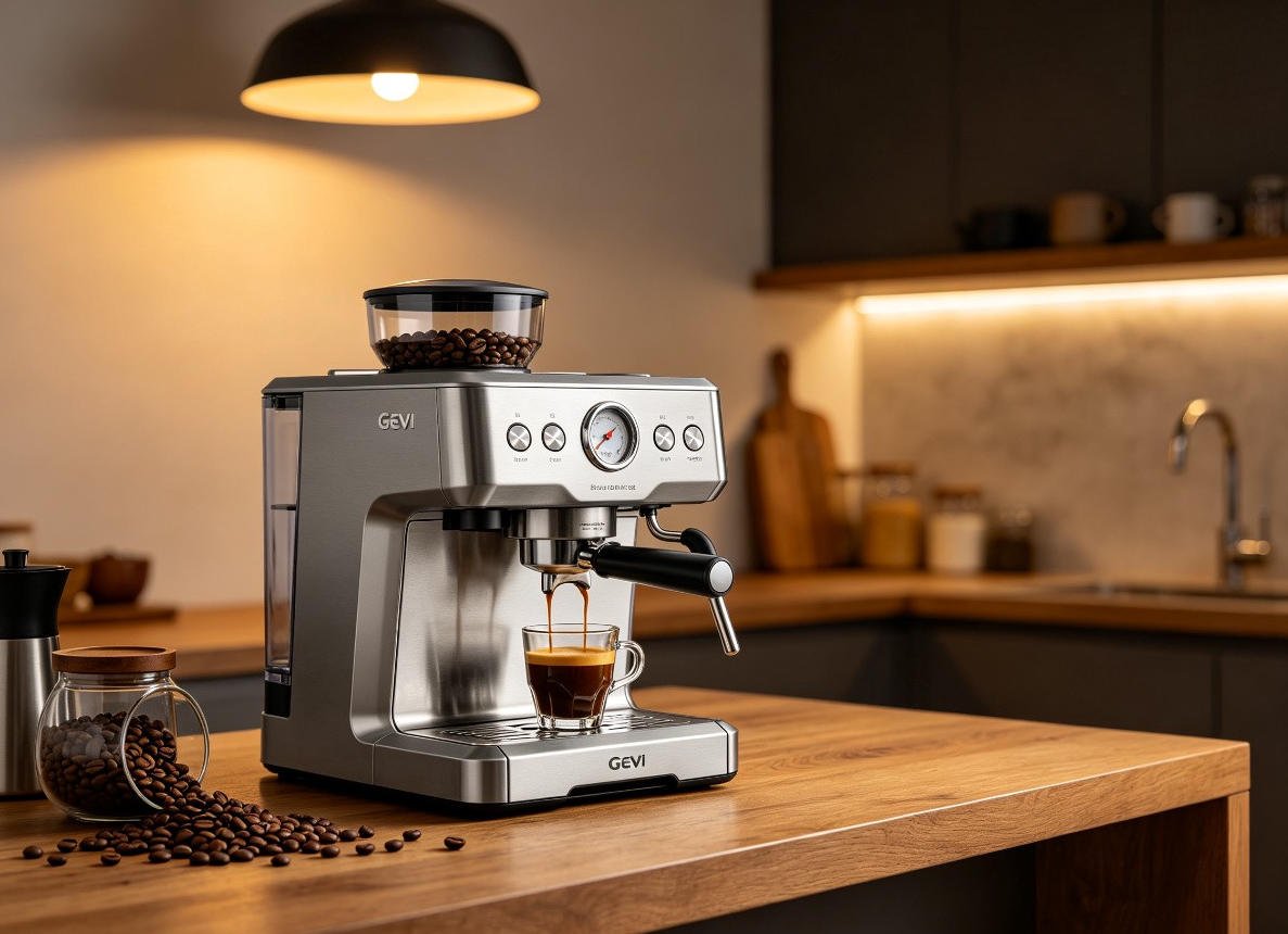 Gevi ECMI0-SS0A1 espresso machine with built-in conical burr grinder on wooden kitchen countertop with fresh espresso
