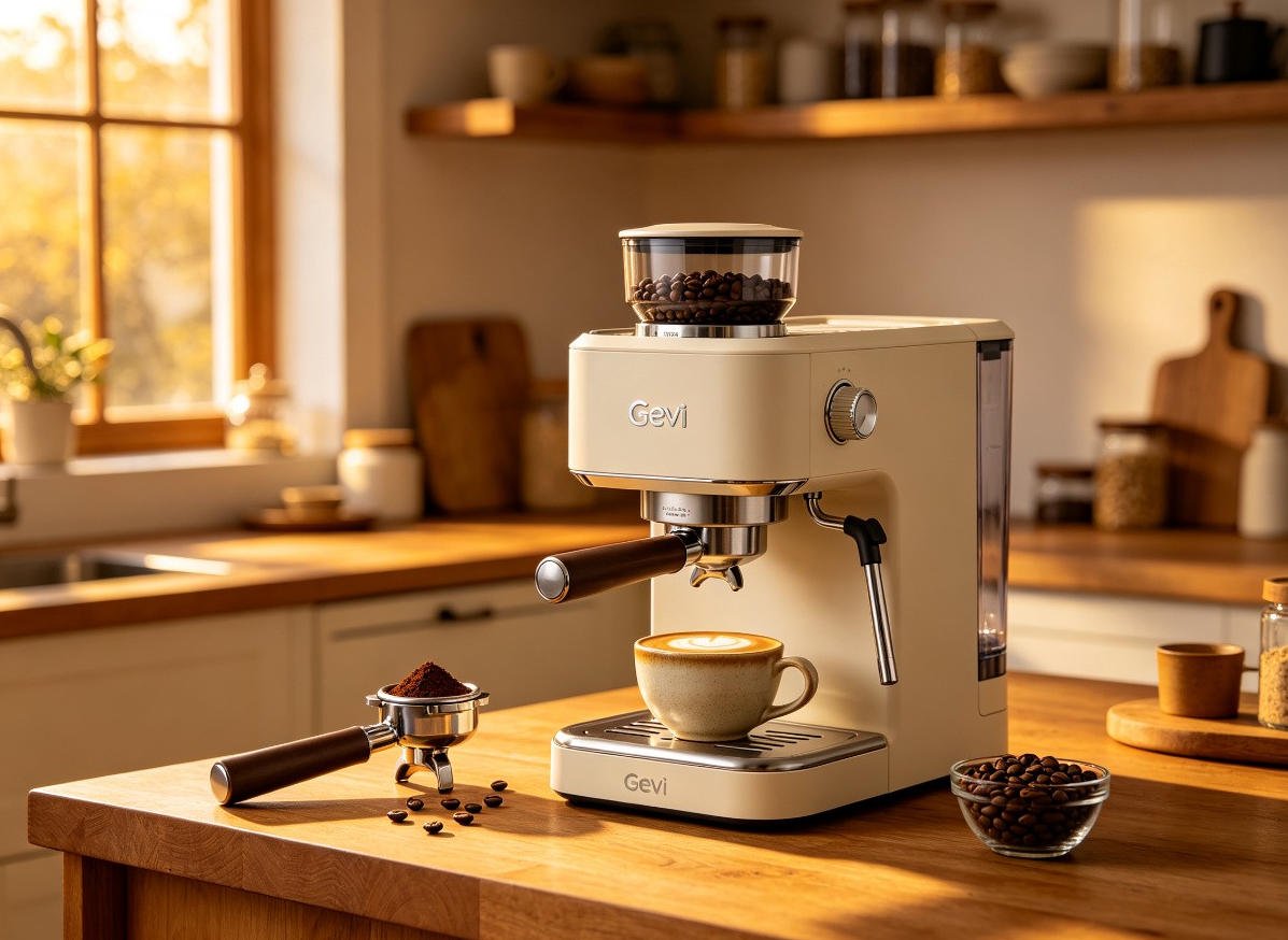 Gevi espresso machine with burr grinder combo in ivory beige on wooden kitchen island