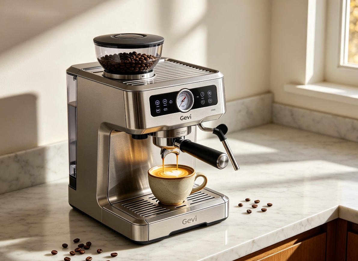Gevi ECMI0-SS0A1 silver stainless steel espresso machine with built-in grinder and PID display on light marble countertop