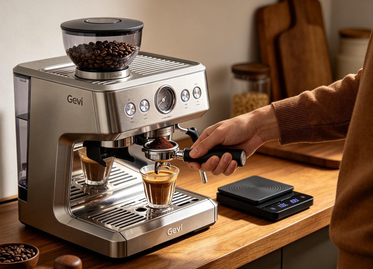 Gevi professional espresso machine with built-in conical burr grinder on wooden home barista counter