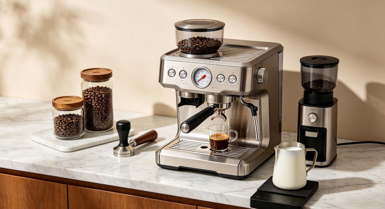 Espresso machine buying guide essentials arranged on marble surface with grinder beans and accessories
