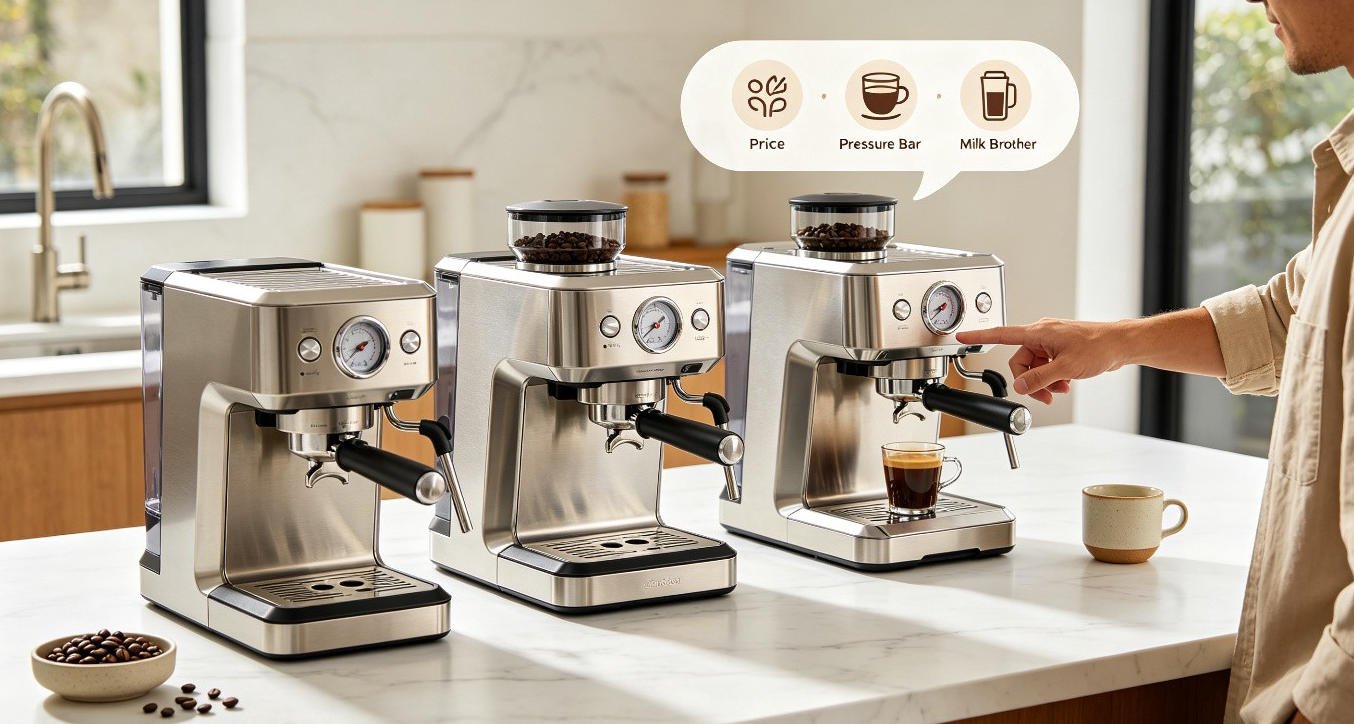 Comparison of espresso machines with decision factors like price pressure and grinder
