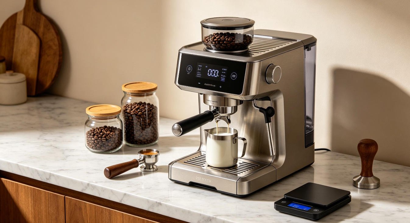 Automatic espresso machine buying guide essentials on marble surface with grinder beans and accessories