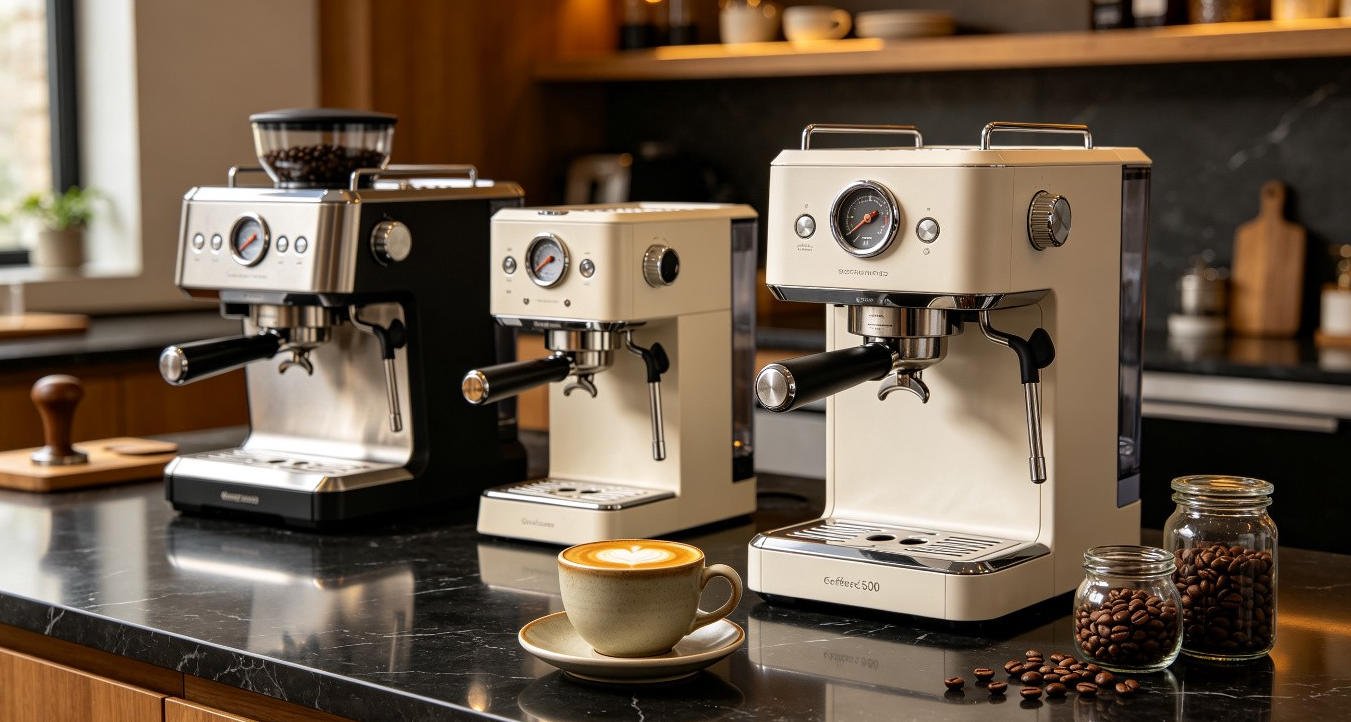 Best espresso machines under $500 of 2026 arranged on a dark marble countertop with coffee beans and fresh espresso