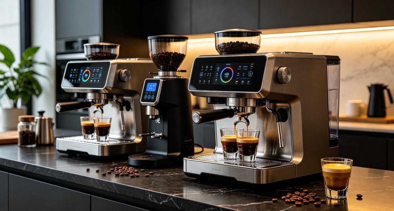 Best automatic espresso machines in 2026 with touch screens and LED displays arranged on a dark marble countertop