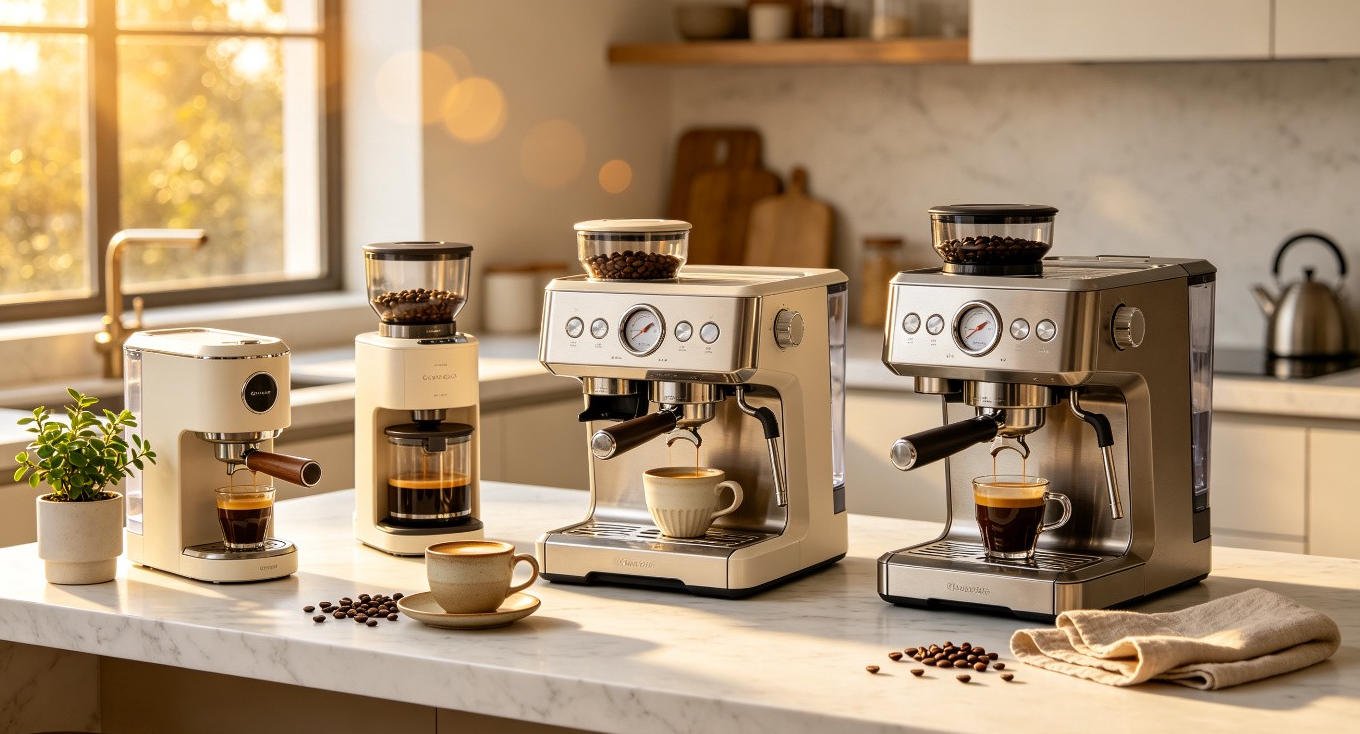 Best coffee machines of 2026 arranged on a marble countertop with coffee beans and fresh espresso