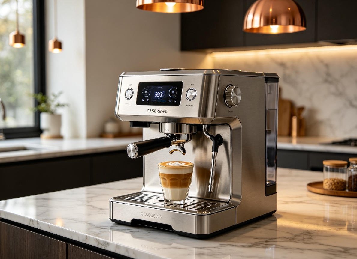 CASABREWS Ultra espresso machine with LCD display on premium marble kitchen island with cappuccino