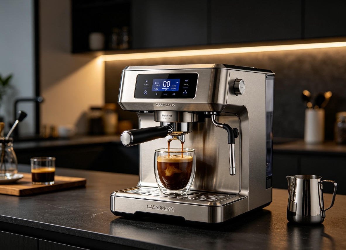 CASABREWS ULTRA premium espresso machine with LCD display brewing into double-wall glass cup