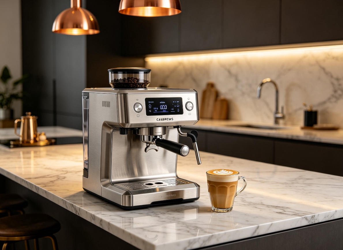 CASABREWS Ultra espresso machine with LCD display showing temperature settings on premium marble kitchen island