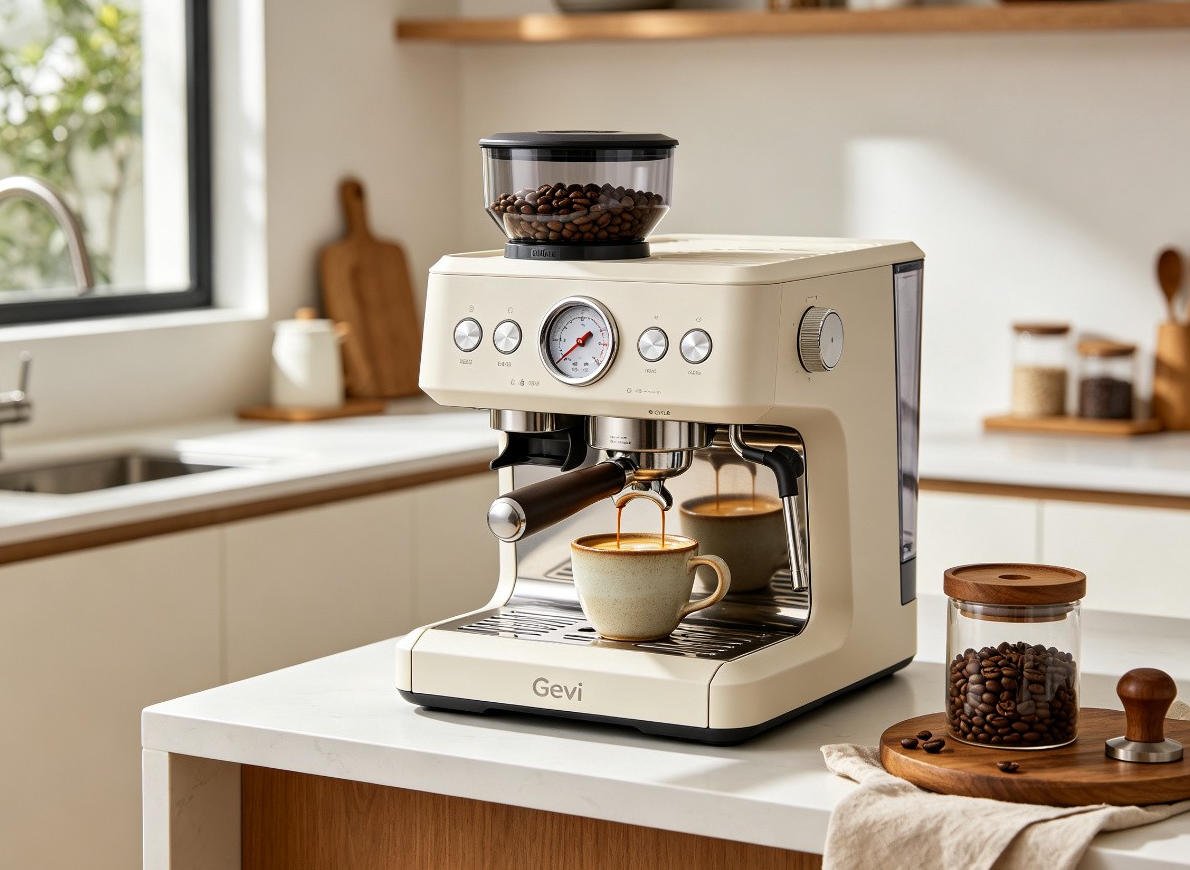Gevi 2026 Upgrade espresso machine with grinder brewing espresso in bright modern kitchen