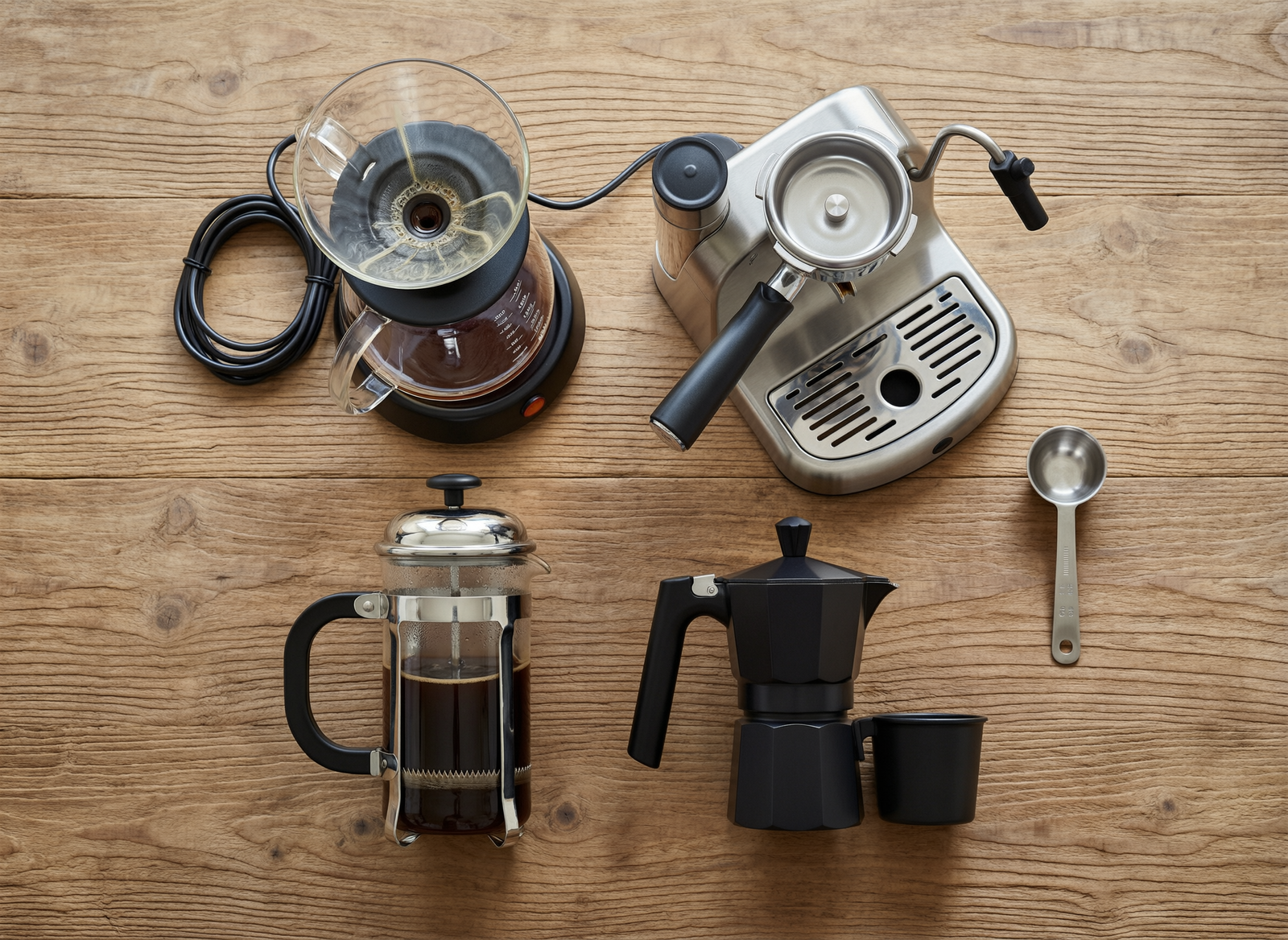 Flat lay comparison of different coffee maker types including drip, espresso, French press and portable with coffee beans