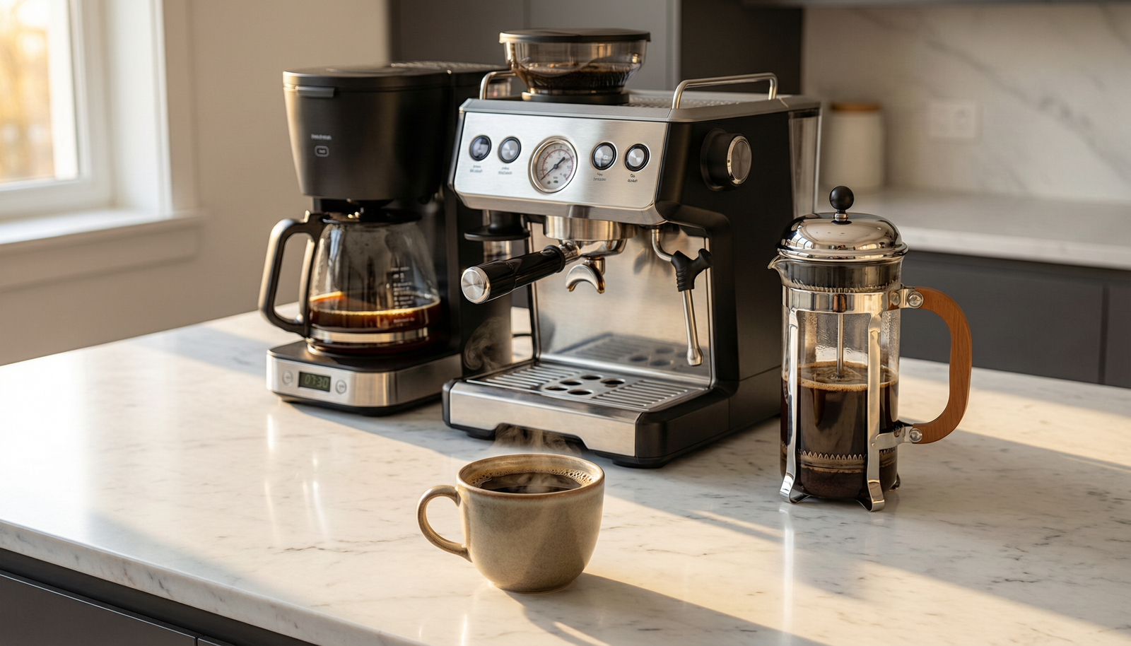 Best coffee makers of 2026 arranged on a marble countertop with drip, espresso and French press models and fresh coffee