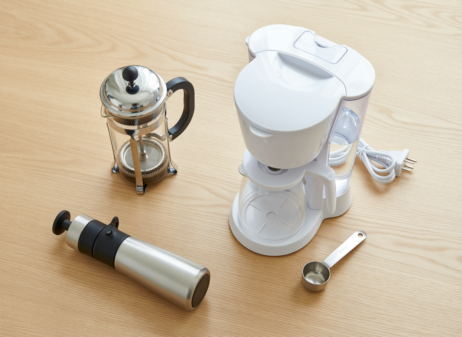 Flat lay comparison of affordable coffee maker types including drip, French press and portable espresso with coffee beans