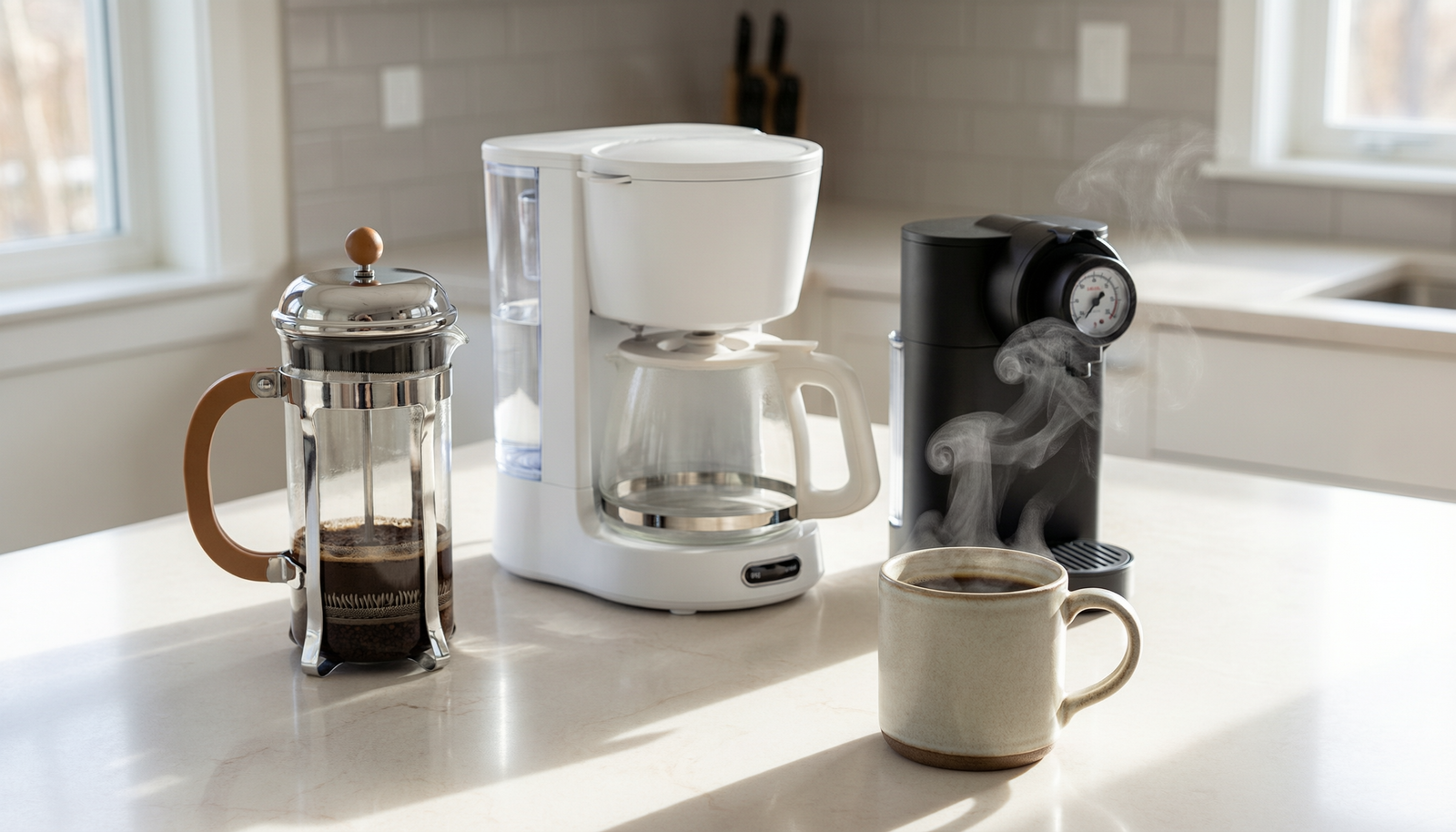 Best coffee makers under $100 in 2026 arranged on a kitchen counter with drip, French press and portable models and fresh coffee