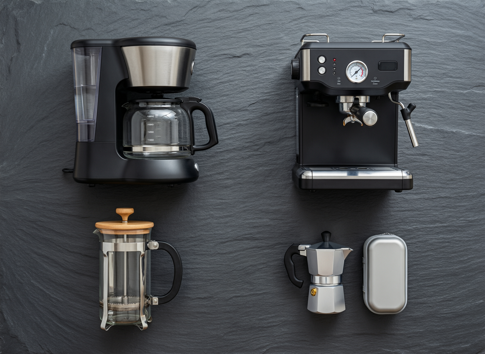 Flat lay comparison of affordable coffee maker types under $200 including drip, espresso, French press and portable with coffee beans