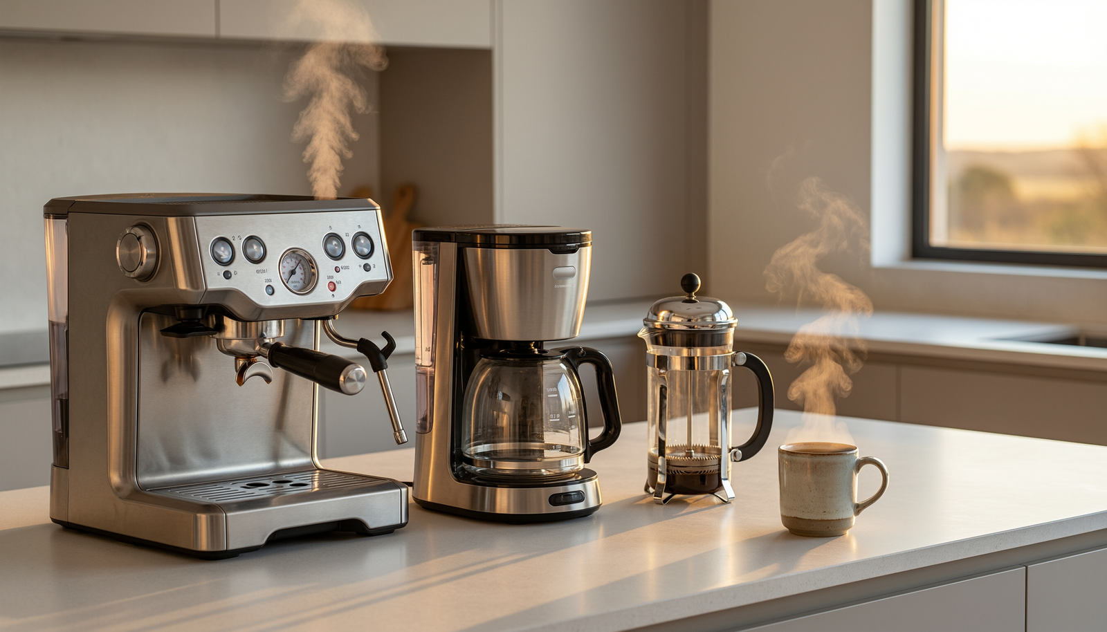 Best coffee makers under $200 in 2026 lined up on a kitchen counter including drip, espresso, portable and French press models