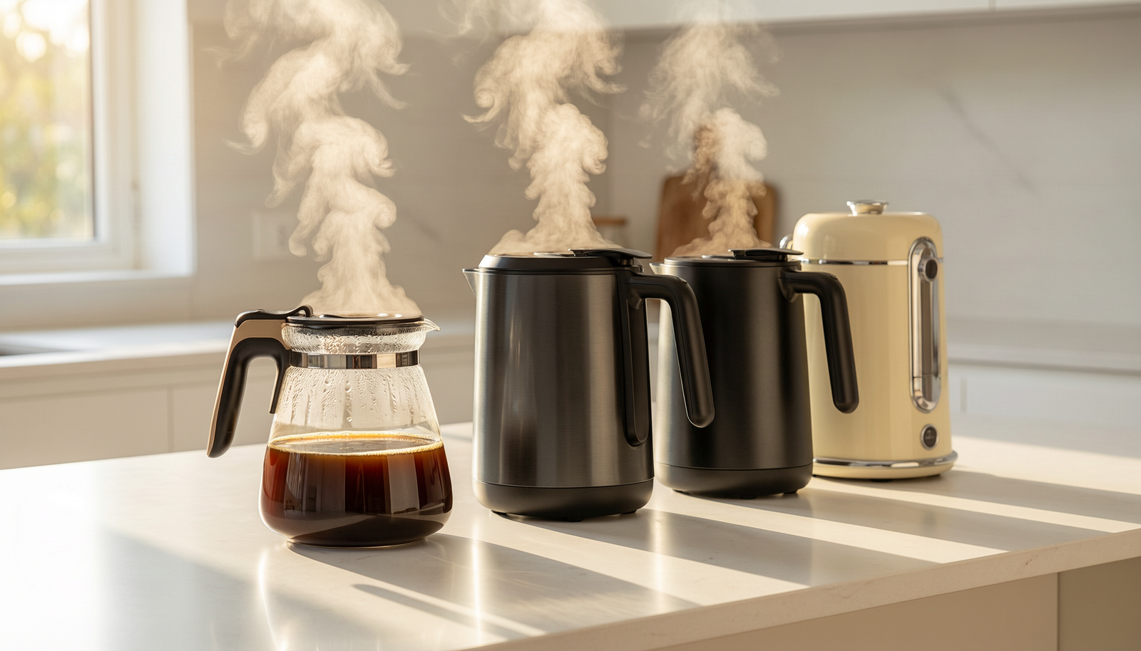 Best drip coffee makers of 2026 lined up on a kitchen counter brewing fresh pots of coffee into glass and thermal carafes