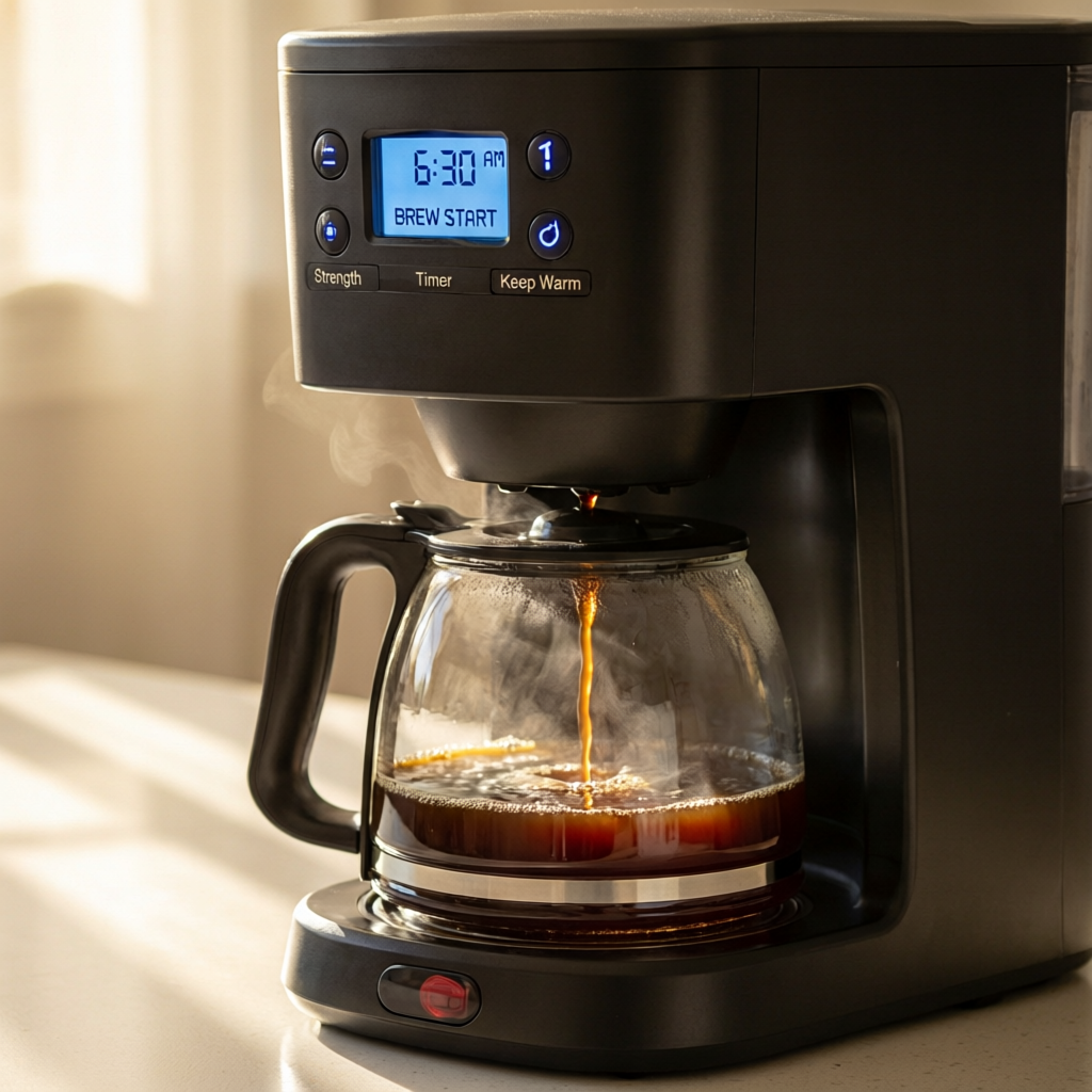 Programmable coffee maker on a kitchen counter showing digital timer and controls
