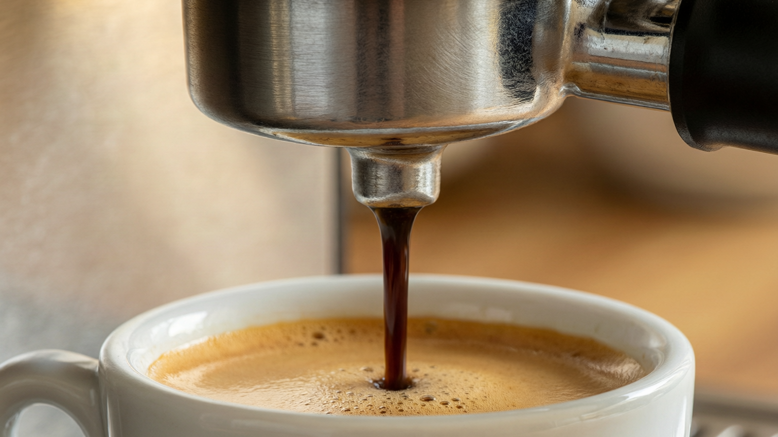 Stainless steel espresso machine pouring espresso into white cup with golden crema