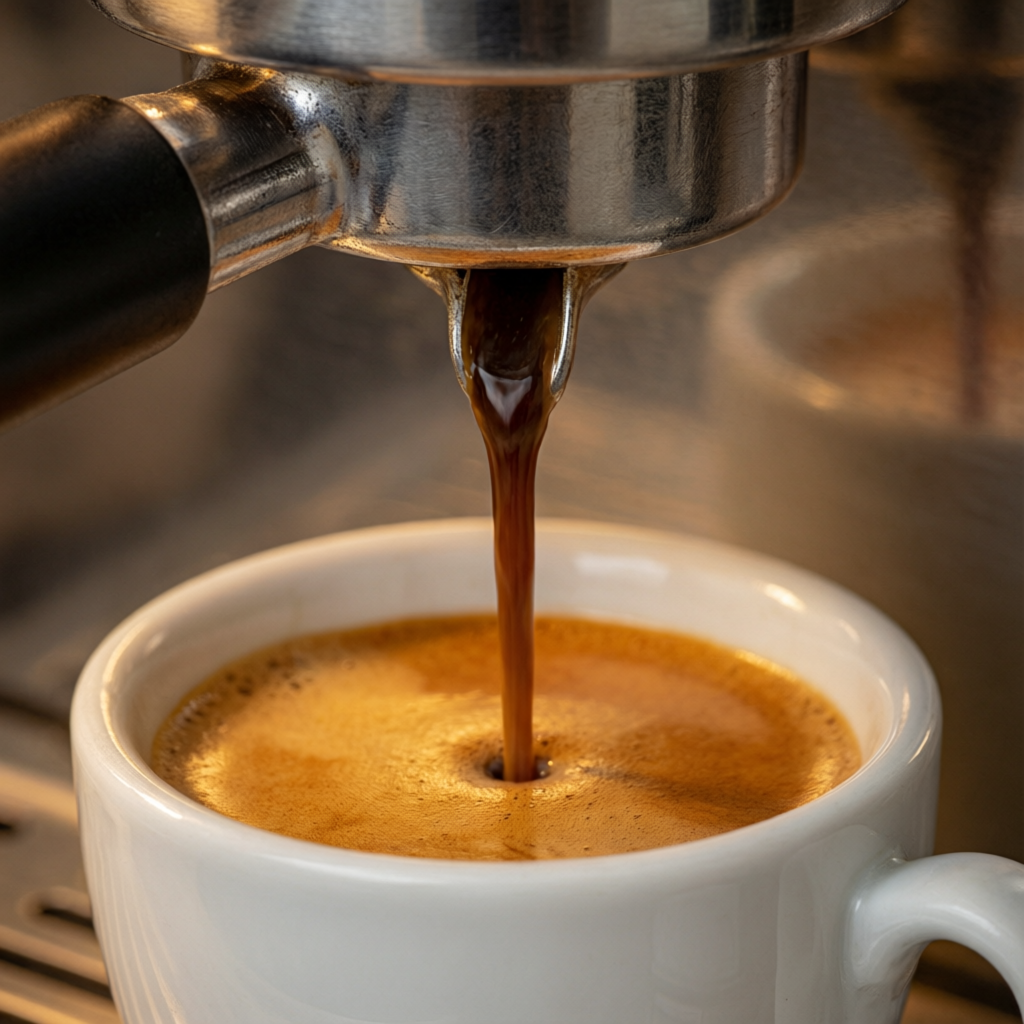 Rich espresso flowing into white cup with golden crema