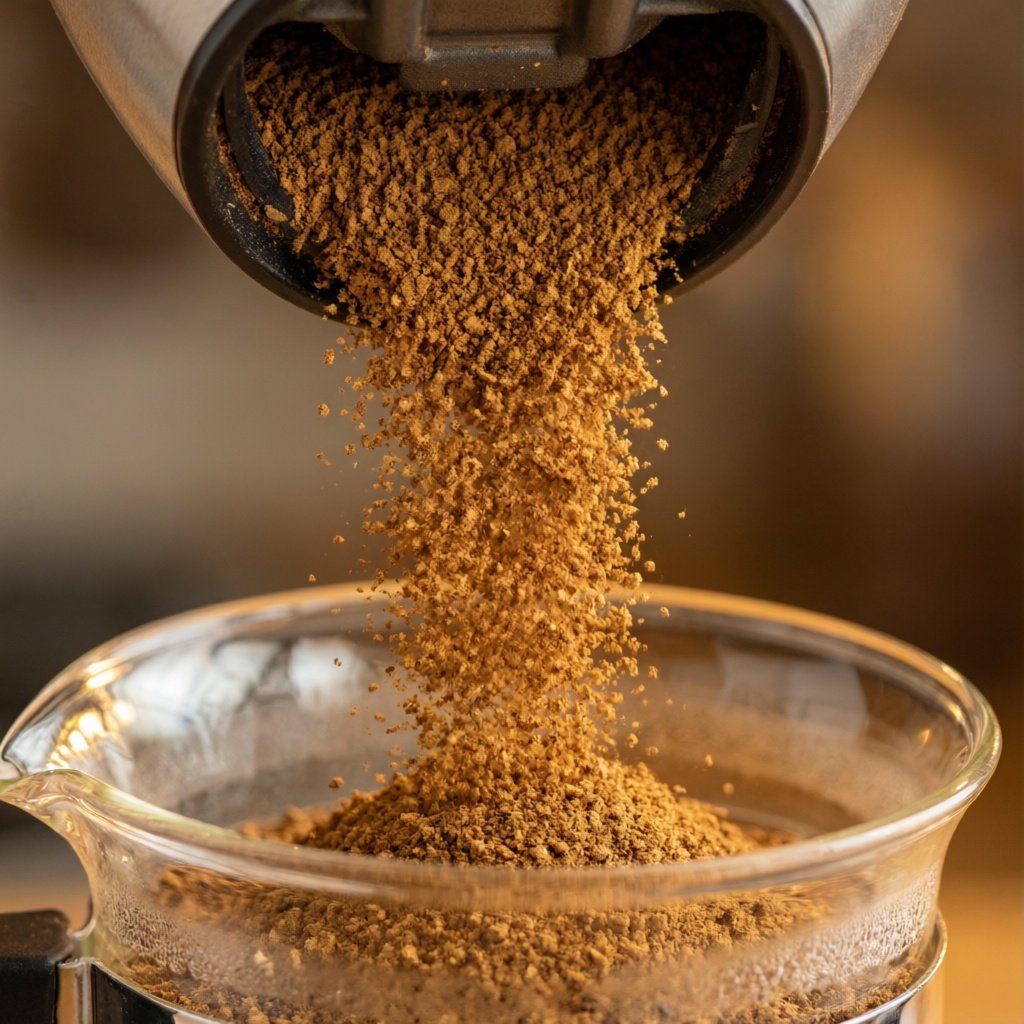 Illustration comparing burr vs blade grinders, electric vs manual, and grind settings for different brewing methods