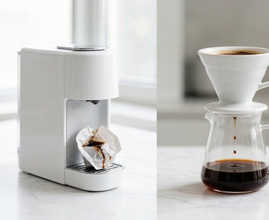 Hands holding a sealed bag of coffee beans next to a burr grinder on a white marble counter