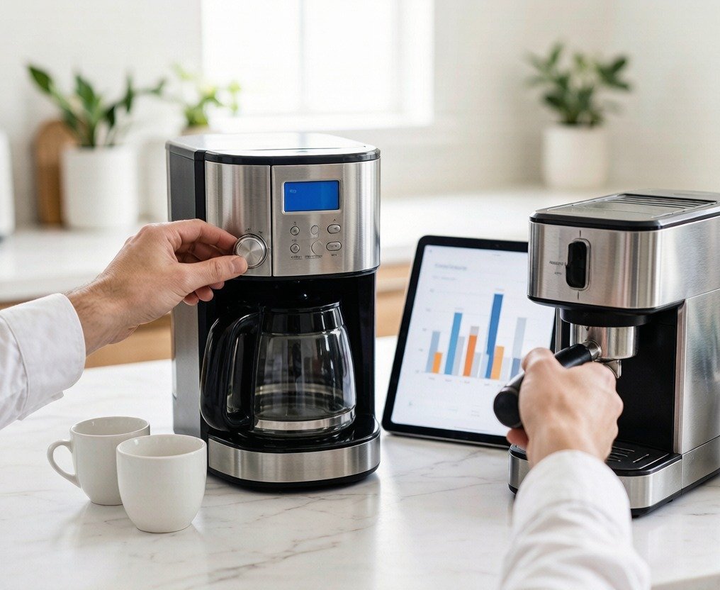 Illustration showing four main types of coffee makers with decision factors for choosing the right one
