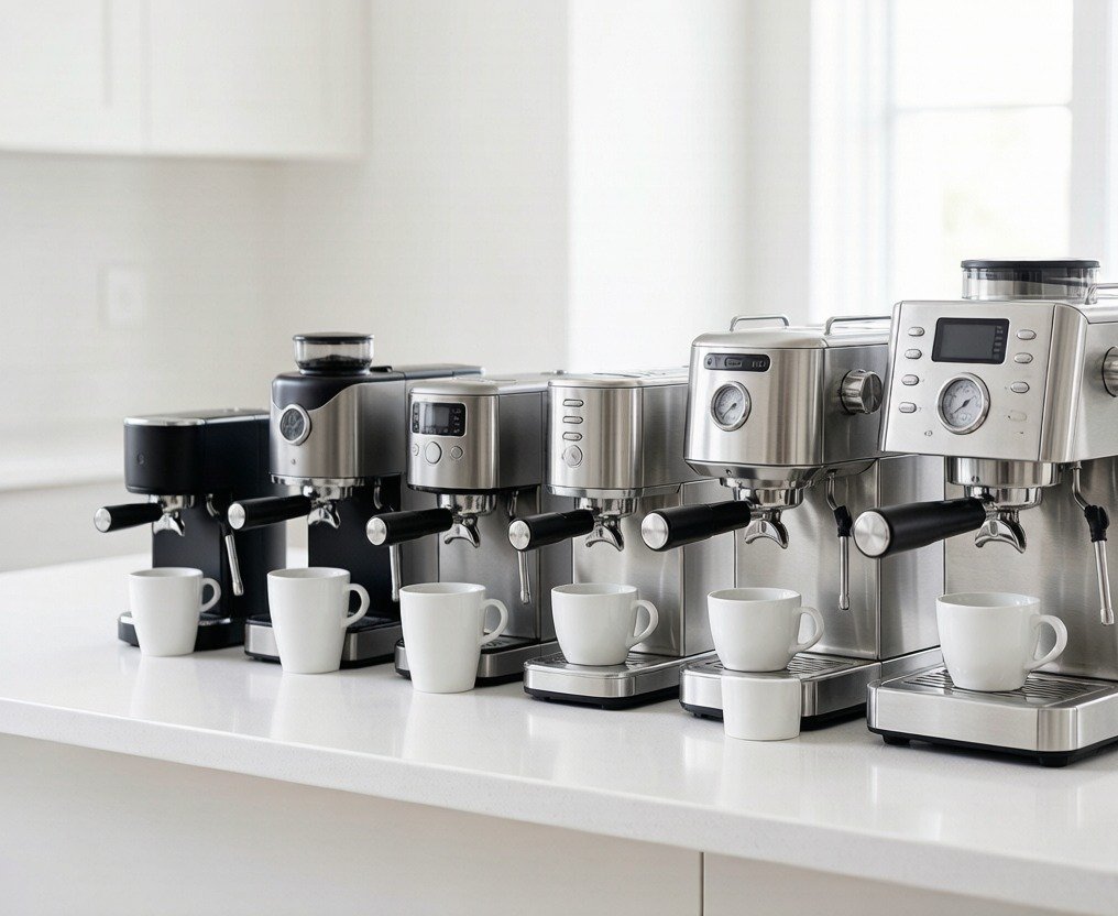 Five different types of coffee makers arranged on a marble countertop including drip brewer, single-serve pod machine, espresso machine, and pour-over setup