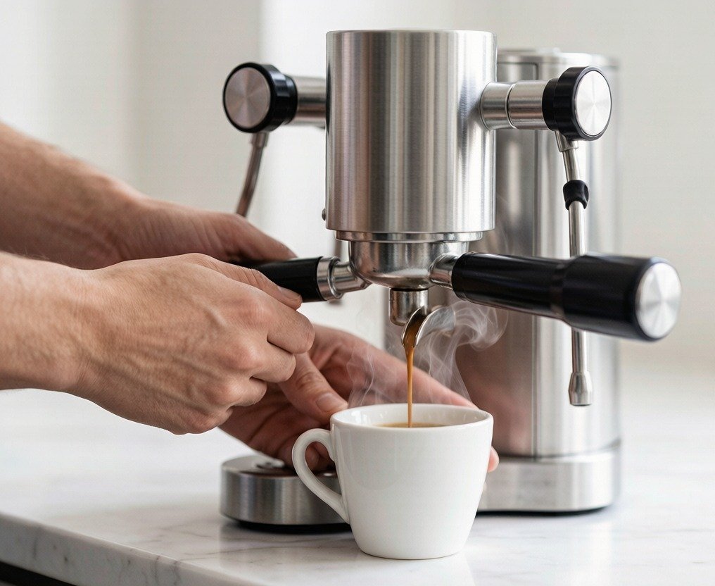 Close-up of hands pulling a fresh espresso shot from a stainless steel espresso machine into a white cup with steam rising