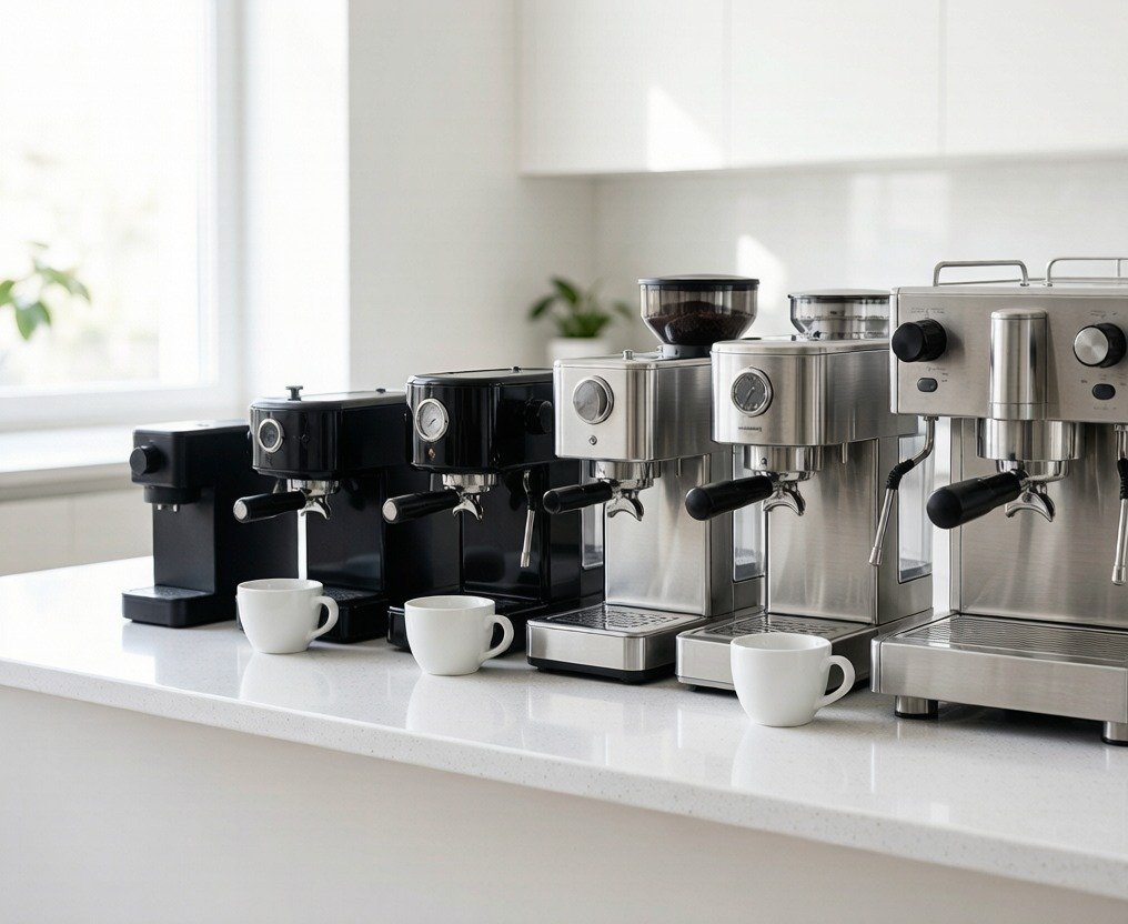 Five espresso machines ranging from compact entry-level to large prosumer stainless steel models arranged on a white kitchen counter